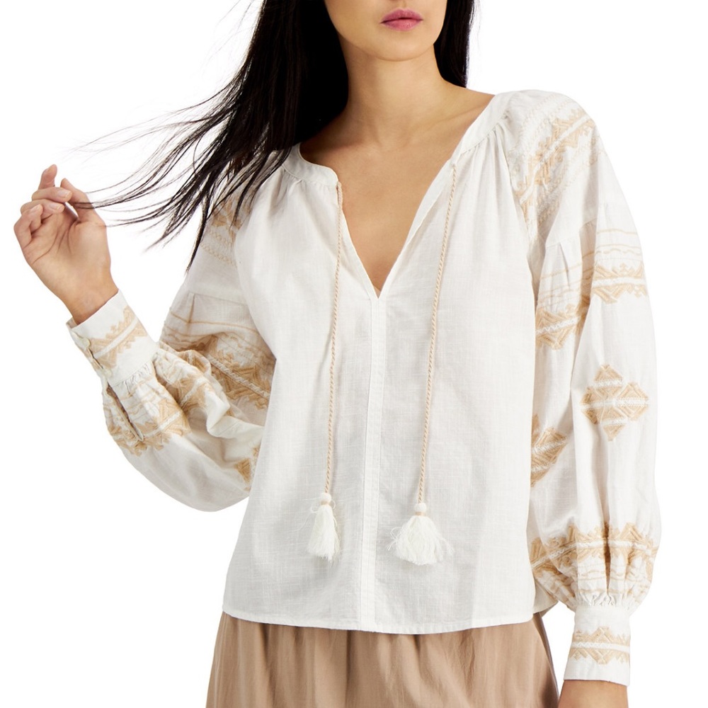 INC Petite Cotton Embroidered Tasseled Top